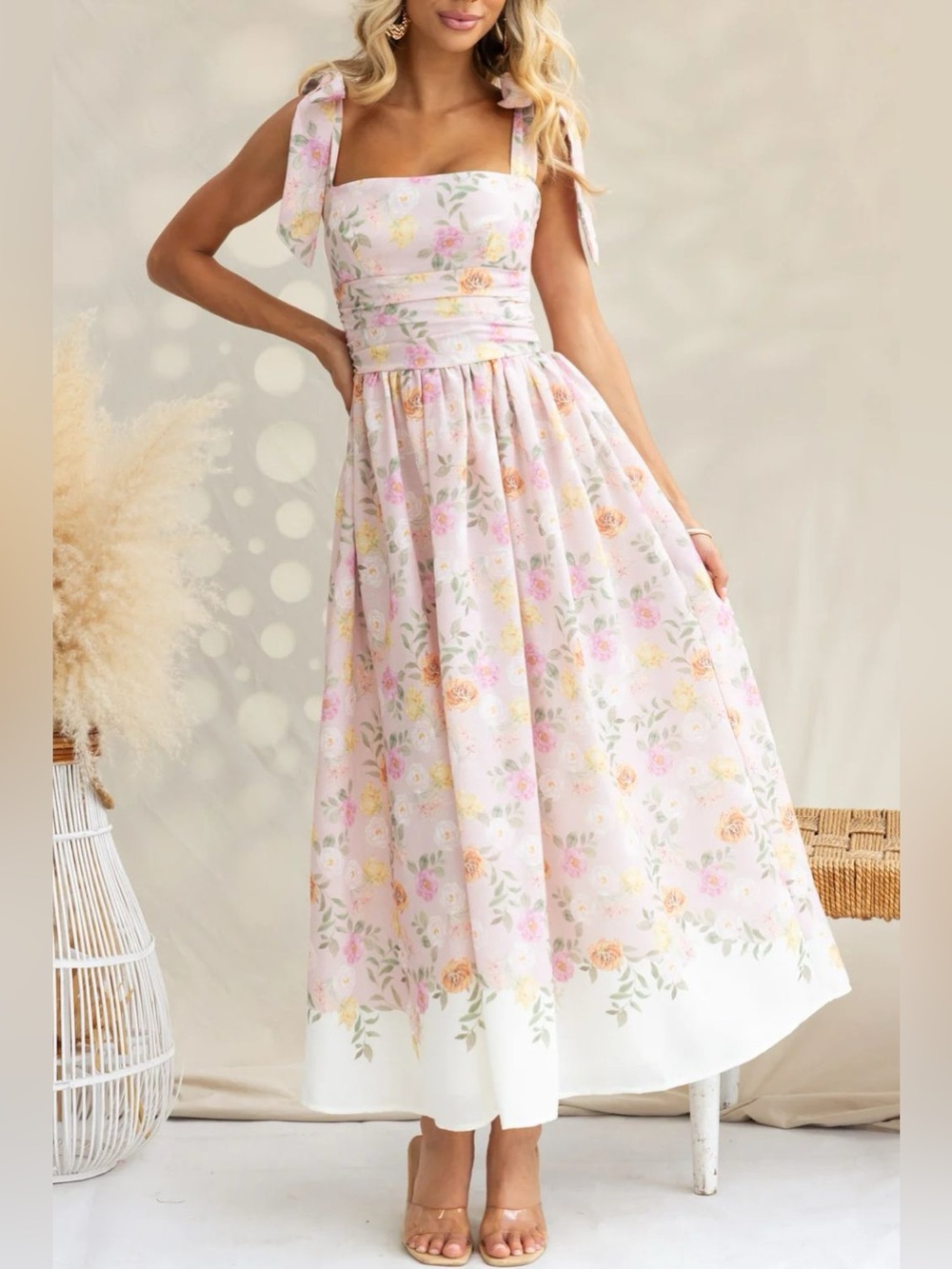 Printed Tie Shoulder Midi Cami Dress
